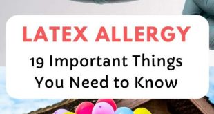 مجموعة من بالونات اللاتكس ذات الألوان الزاهية ويد تحمل قفازًا من اللاتكس مع نص "حساسية اللاتكس 19 شيئًا مهمًا يجب أن تعرفه"